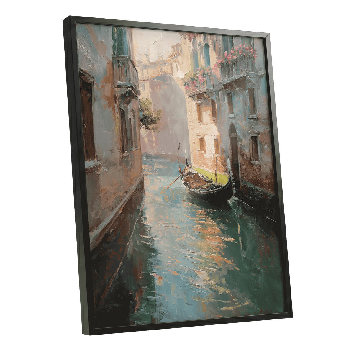 Venetian Stillwater, blue, green, beige abstract wall art shown as a black framed poster wall art print