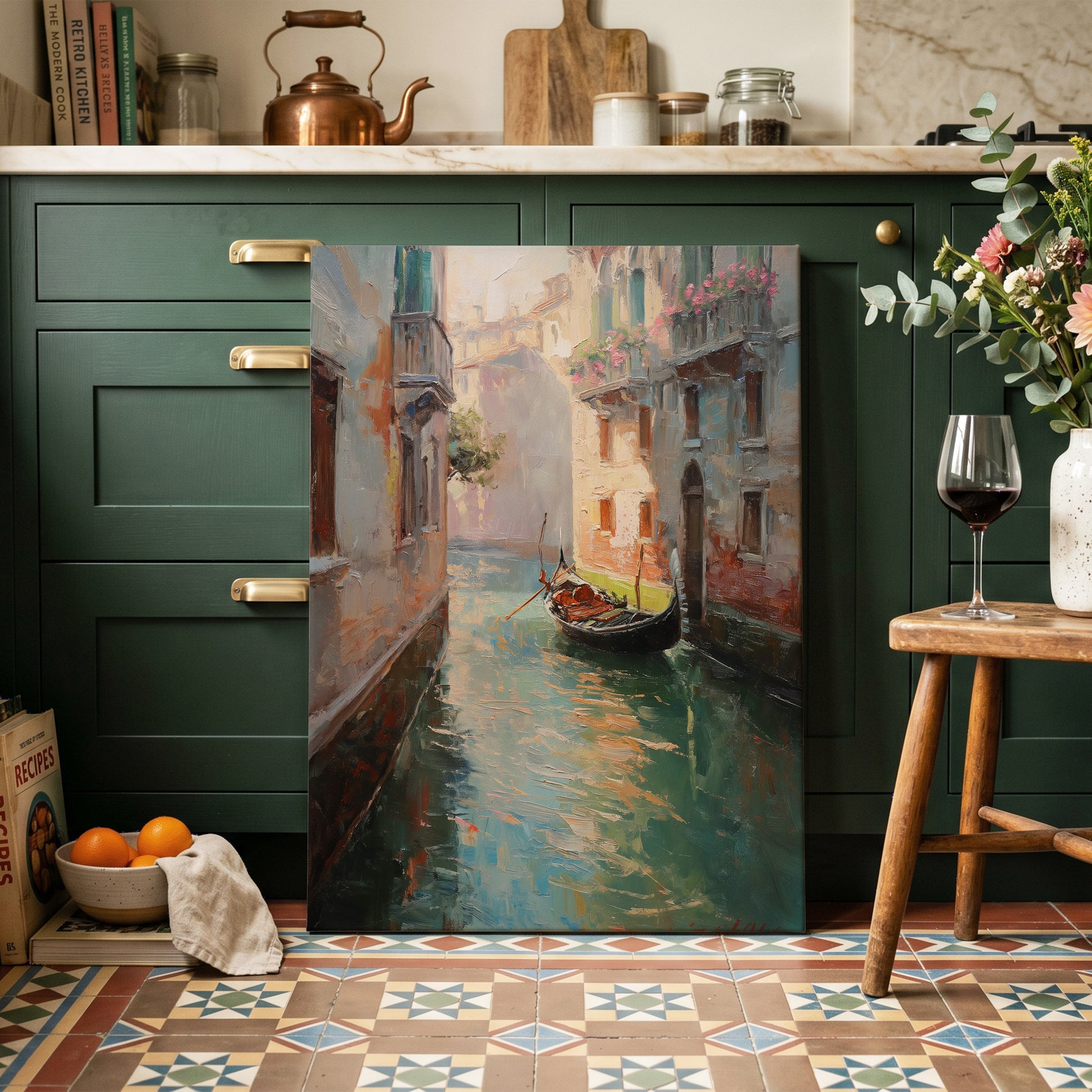 Venetian Stillwater, blue, green, beige abstract wall art on canvas displayed in a styled interior, gallery view 1