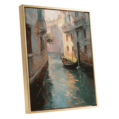 Venetian Stillwater, blue, green, beige abstract wall art shown as a gold framed canvas wall art