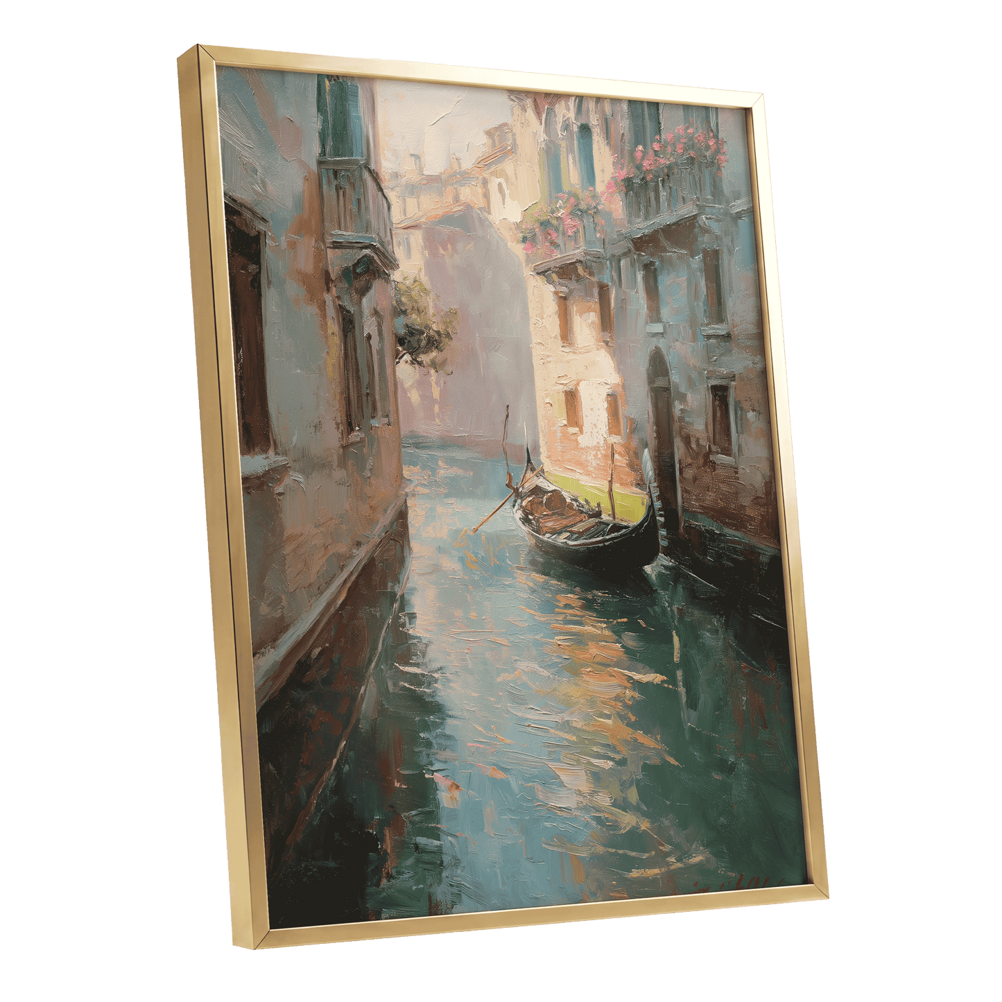 Venetian Stillwater, blue, green, beige abstract wall art shown as a gold framed poster wall art print