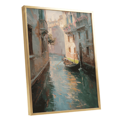 Venetian Stillwater, blue, green, beige abstract wall art shown as a gold framed poster wall art print