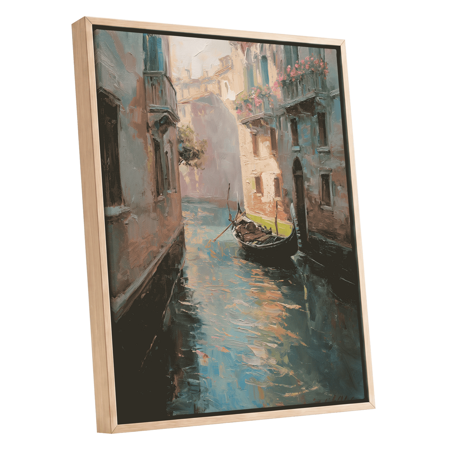 Venetian Stillwater, blue, green, beige abstract wall art shown as a oak framed canvas wall art