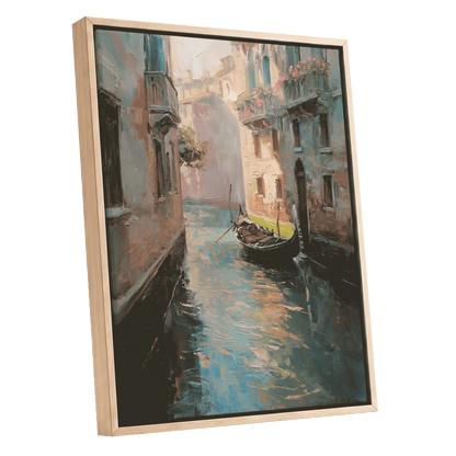 Venetian Stillwater, blue, green, beige abstract wall art shown as a oak framed canvas wall art