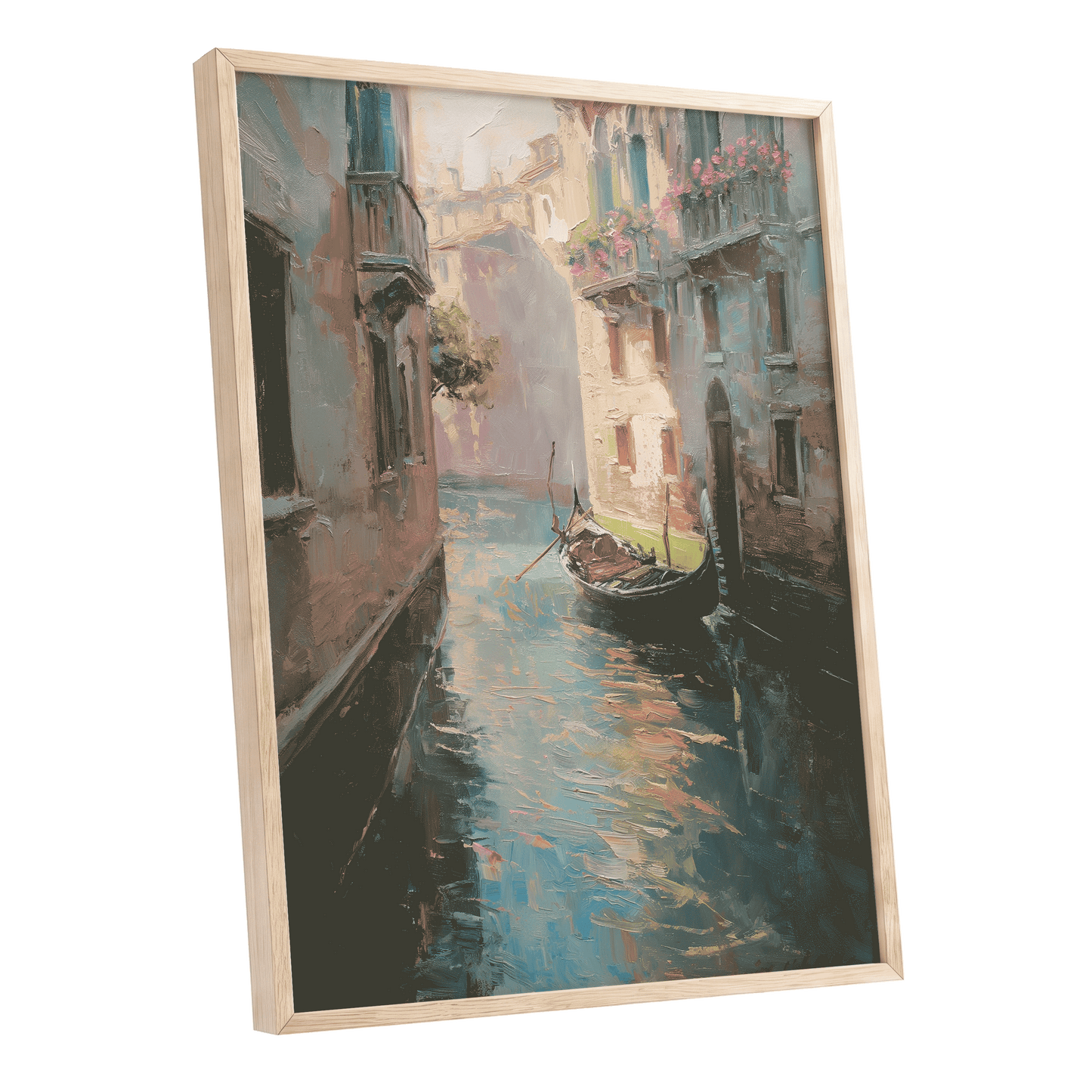 Venetian Stillwater, blue, green, beige abstract wall art shown as a oak framed poster wall art print