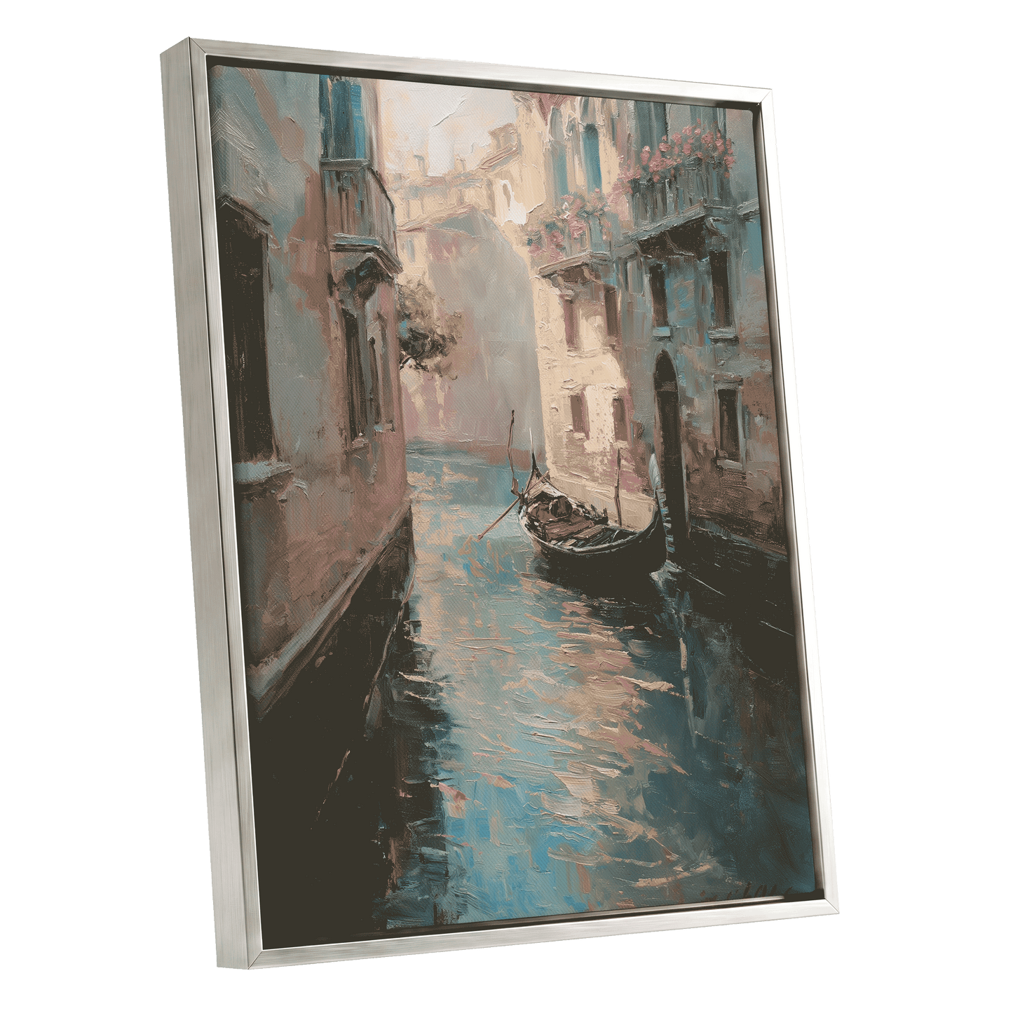 Venetian Stillwater, blue, green, beige abstract wall art shown as a silver framed canvas wall art