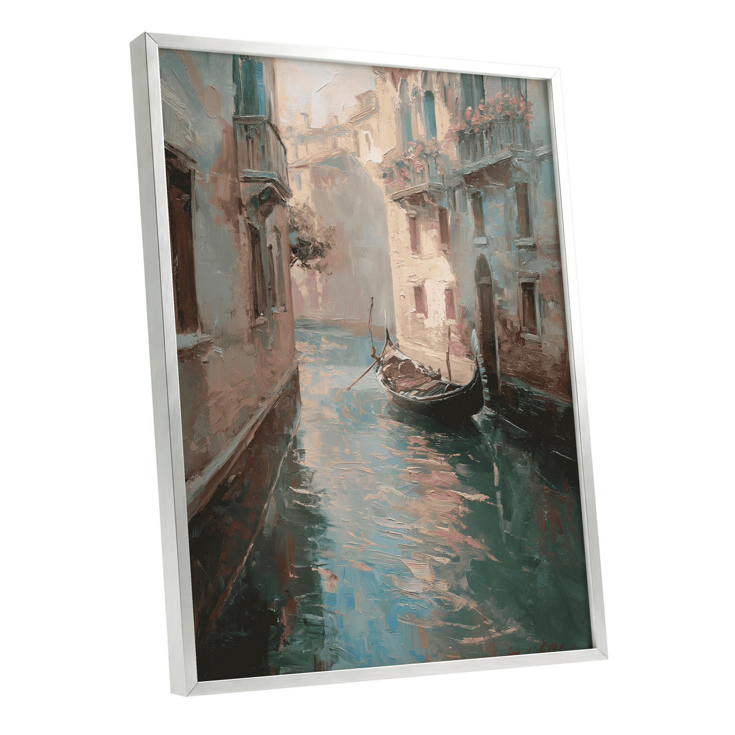 Venetian Stillwater, blue, green, beige abstract wall art shown as a silver framed poster wall art print