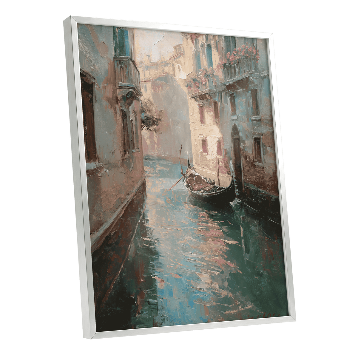 Venetian Stillwater, blue, green, beige abstract wall art shown as a silver framed poster wall art print