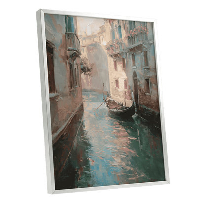 Venetian Stillwater, blue, green, beige abstract wall art shown as a silver framed poster wall art print