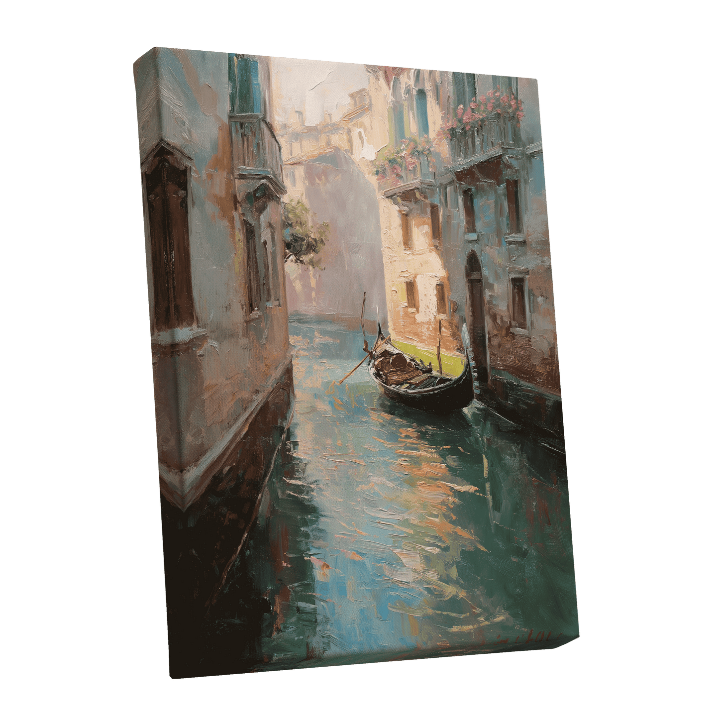 Venetian Stillwater, blue, green, beige abstract wall art shown as a stretched canvas wall art