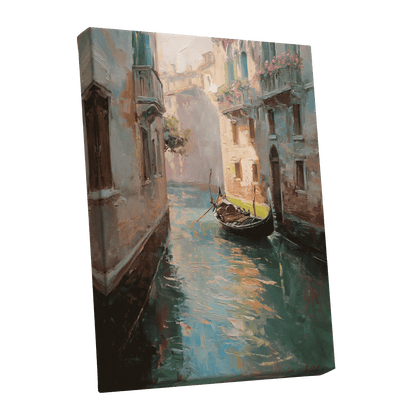 Venetian Stillwater, blue, green, beige abstract wall art shown as a stretched canvas wall art