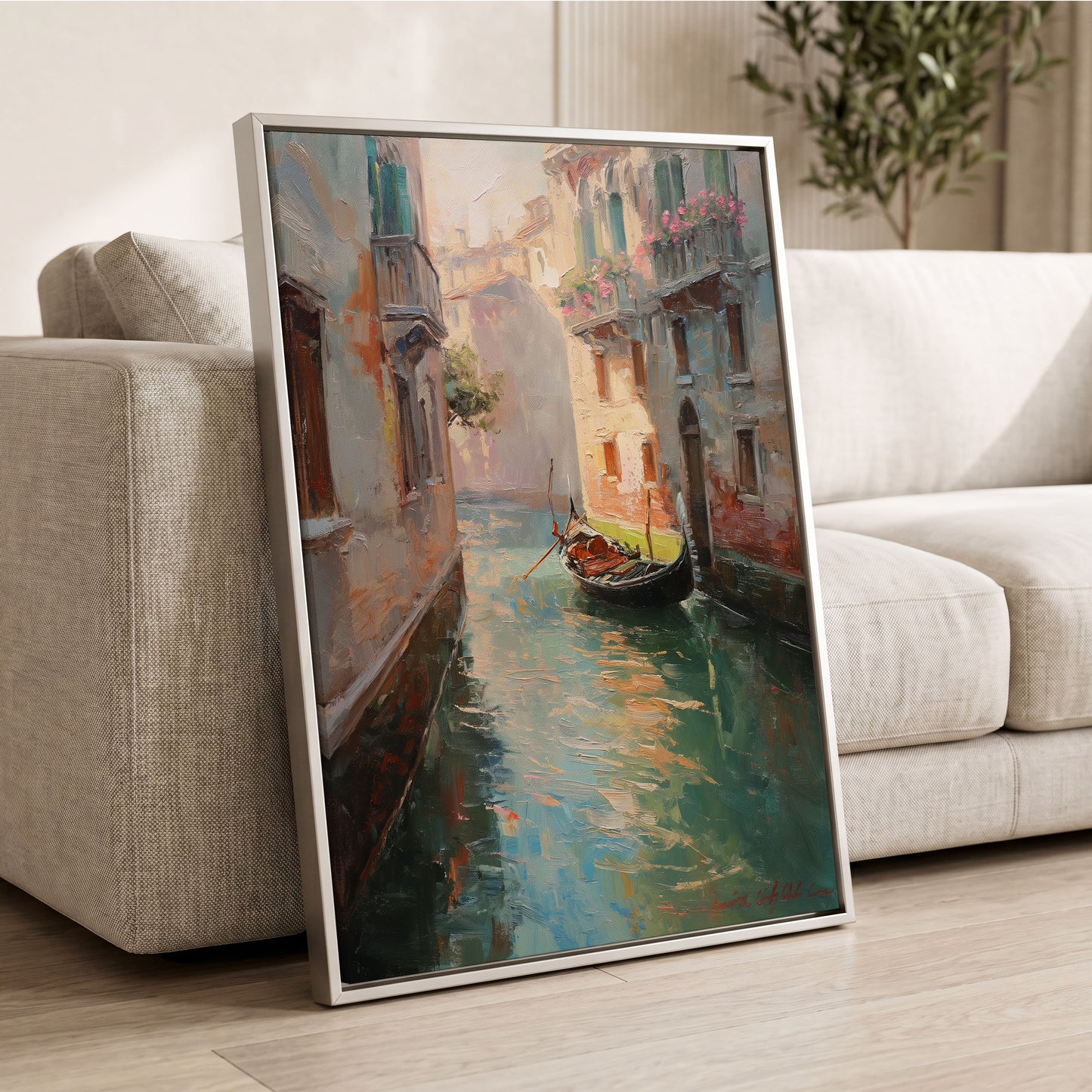 Venetian Stillwater, blue, green, beige abstract wall art displayed in a styled interior, gallery view 2