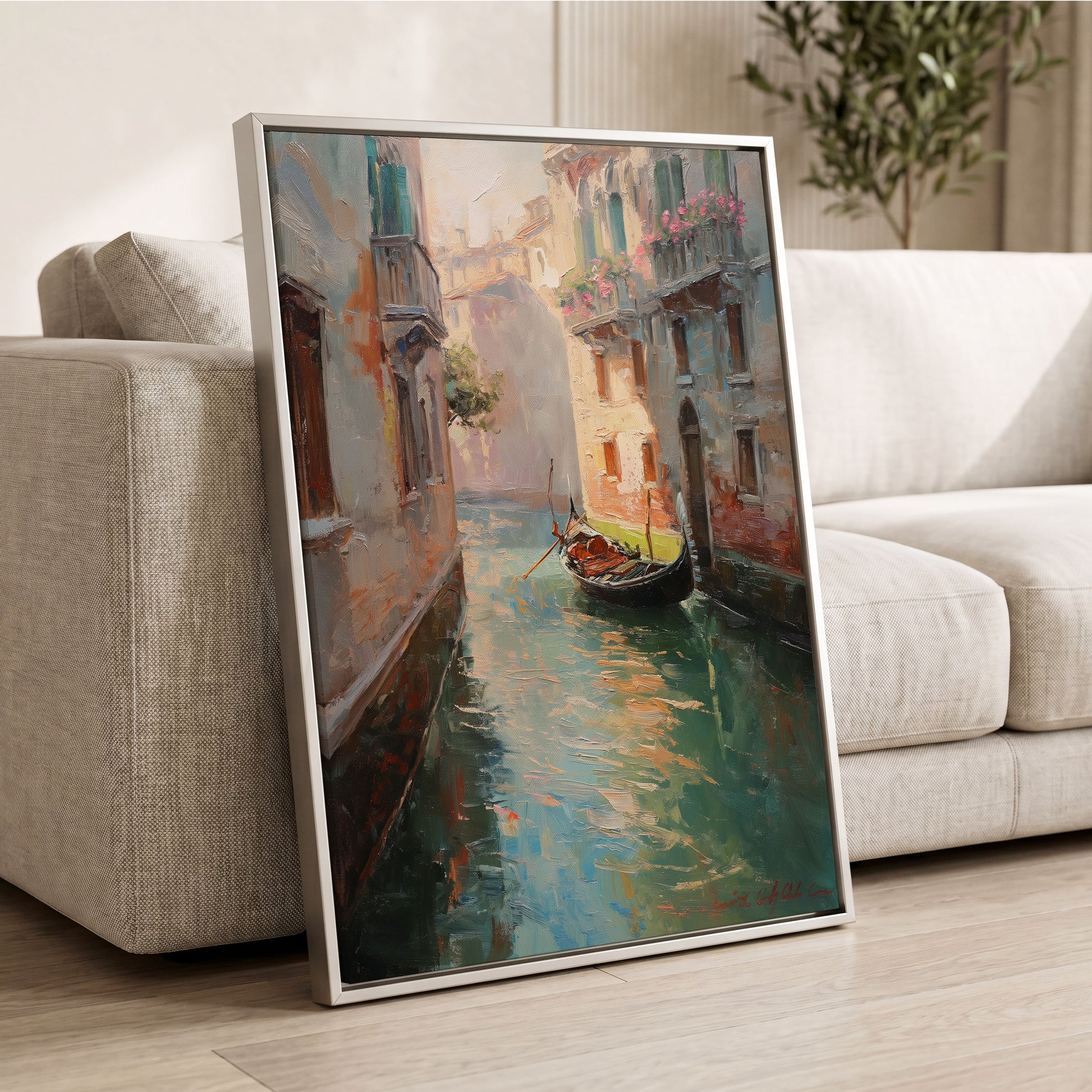 Venetian Stillwater, blue, green, beige abstract wall art displayed in a styled interior, gallery view 2