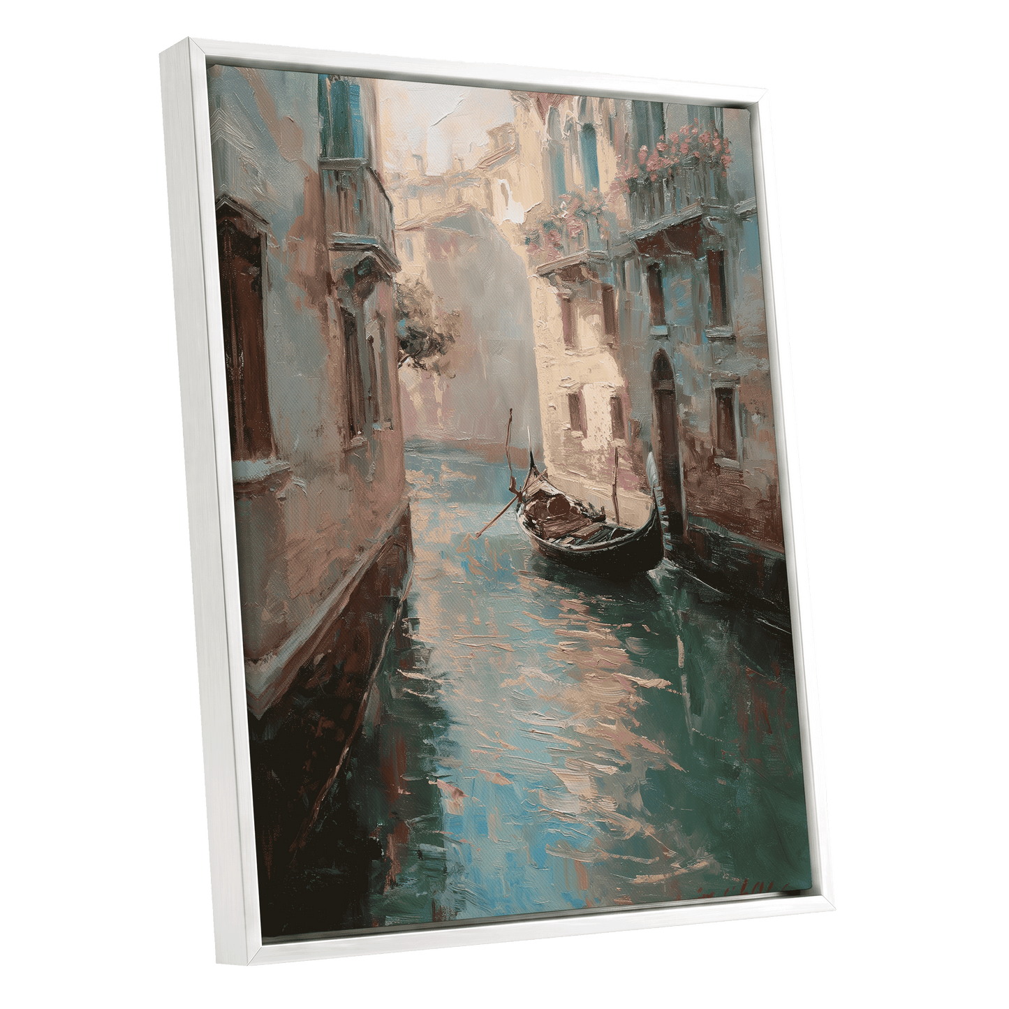Venetian Stillwater, blue, green, beige abstract wall art shown as a white framed canvas wall art