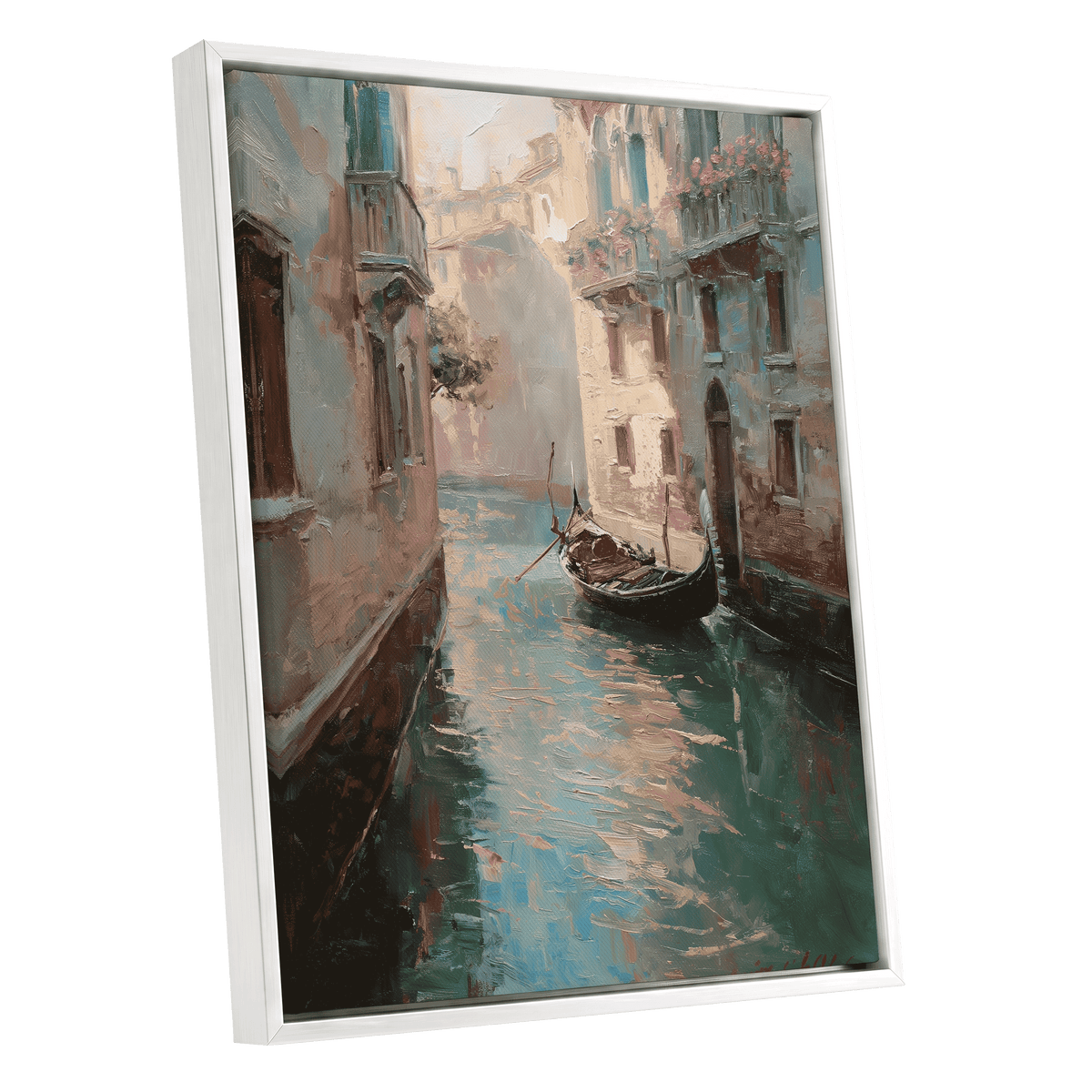 Venetian Stillwater, blue, green, beige abstract wall art shown as a white framed canvas wall art