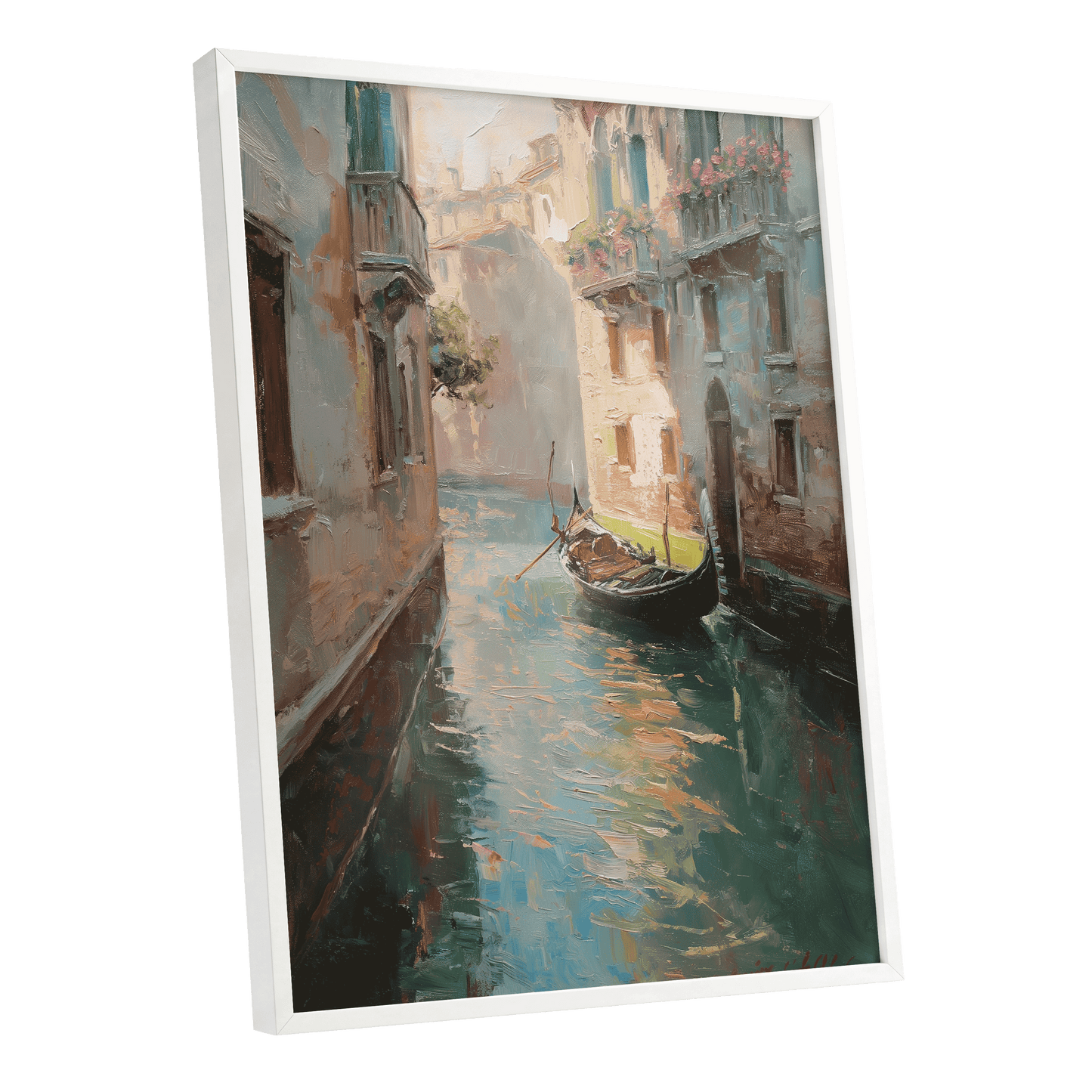 Venetian Stillwater, blue, green, beige abstract wall art shown as a white framed poster wall art print