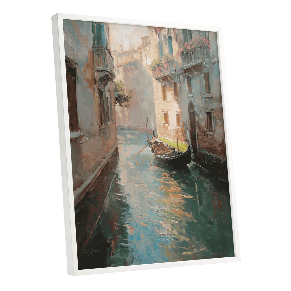 Venetian Stillwater, blue, green, beige abstract wall art shown as a white framed poster wall art print