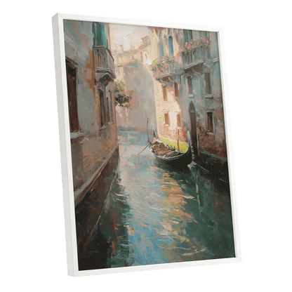 Venetian Stillwater, blue, green, beige abstract wall art shown as a white framed poster wall art print