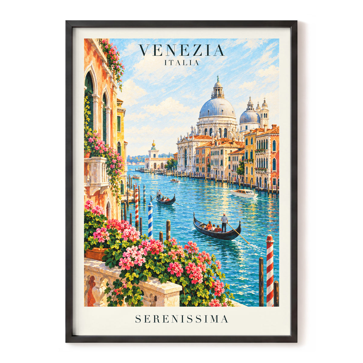 Venetian Sunlit Serenade, blue, pink, orange abstract wall art, front artwork view