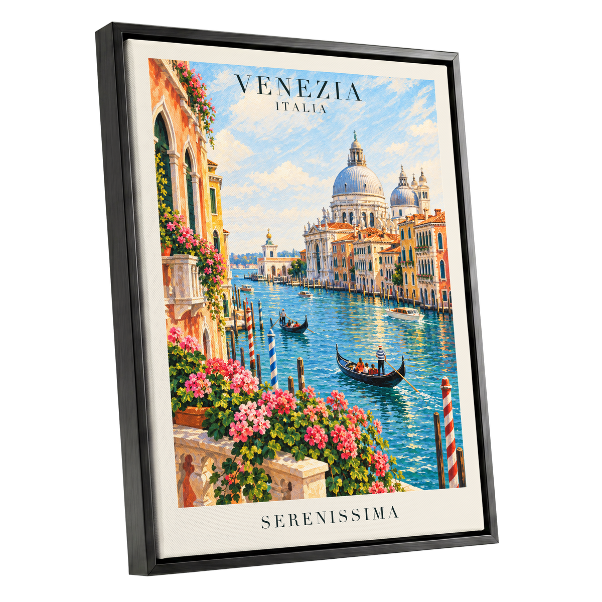 Venetian Sunlit Serenade, blue, pink, orange abstract wall art shown as a black framed canvas wall art