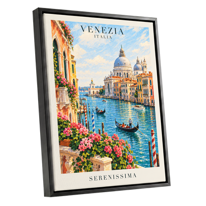 Venetian Sunlit Serenade, blue, pink, orange abstract wall art shown as a black framed canvas wall art