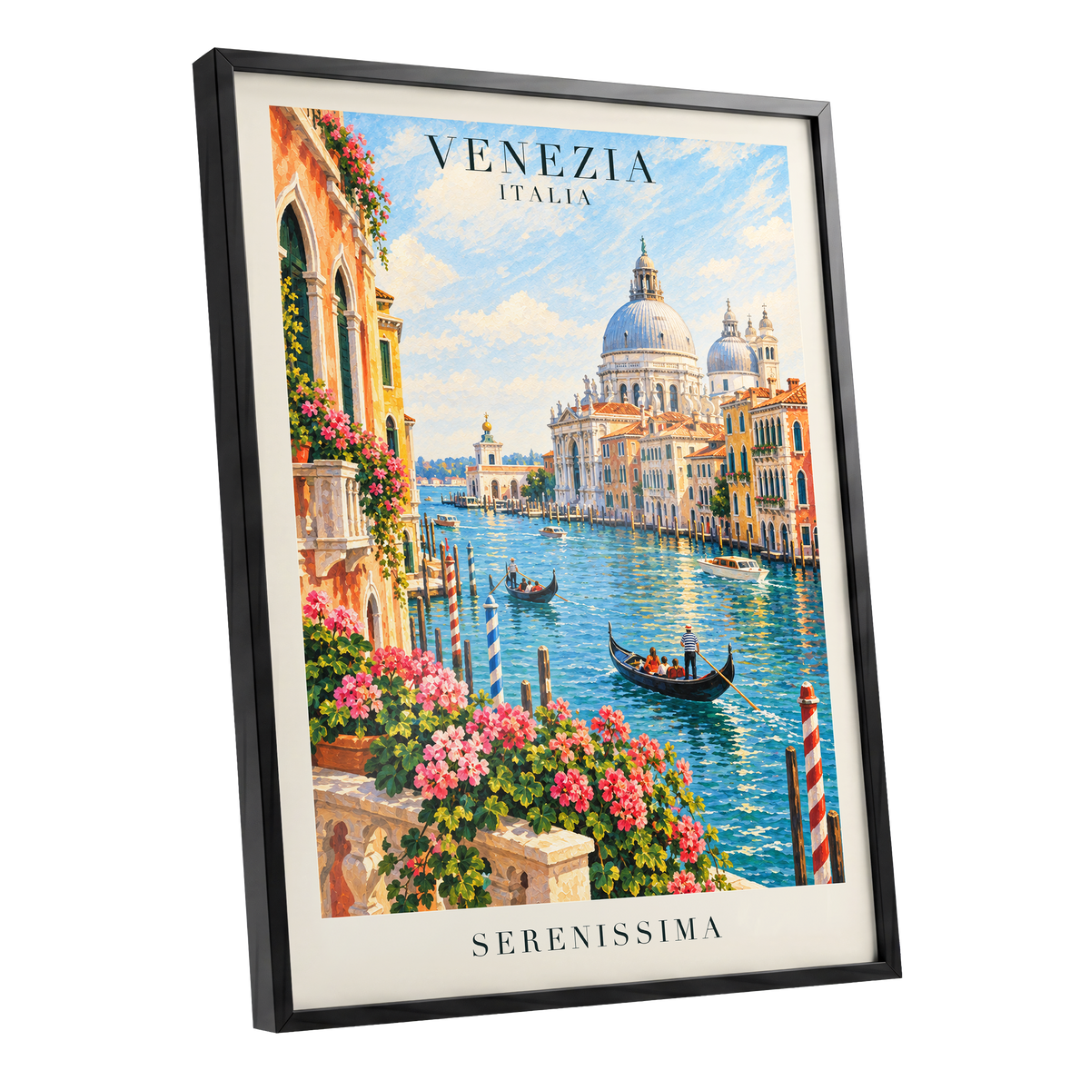 Venetian Sunlit Serenade, blue, pink, orange abstract wall art shown as a black framed poster wall art print