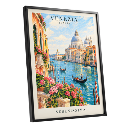 Venetian Sunlit Serenade, blue, pink, orange abstract wall art shown as a black framed poster wall art print