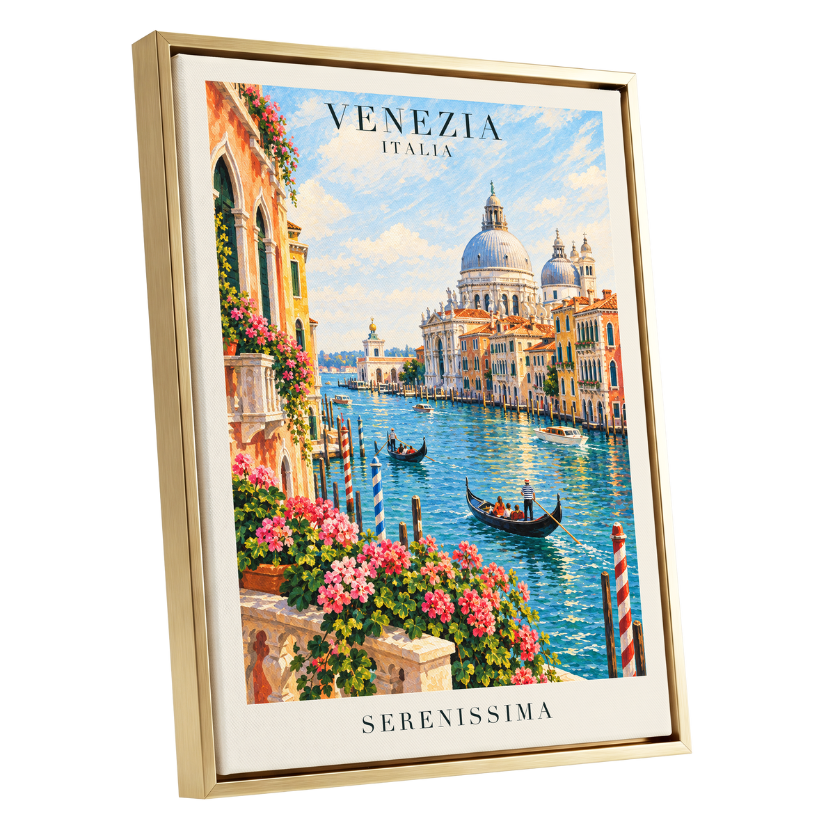 Venetian Sunlit Serenade, blue, pink, orange abstract wall art shown as a gold framed canvas wall art