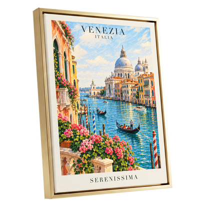 Venetian Sunlit Serenade, blue, pink, orange abstract wall art shown as a gold framed canvas wall art