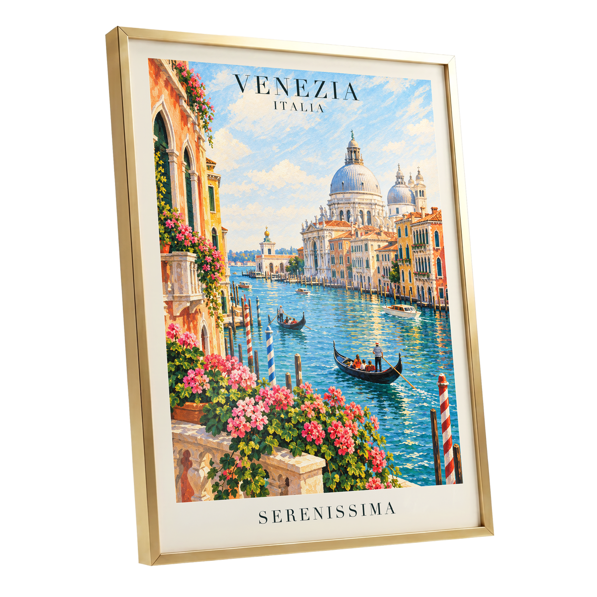 Venetian Sunlit Serenade, blue, pink, orange abstract wall art shown as a gold framed poster wall art print