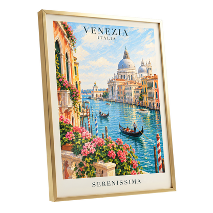 Venetian Sunlit Serenade, blue, pink, orange abstract wall art shown as a gold framed poster wall art print