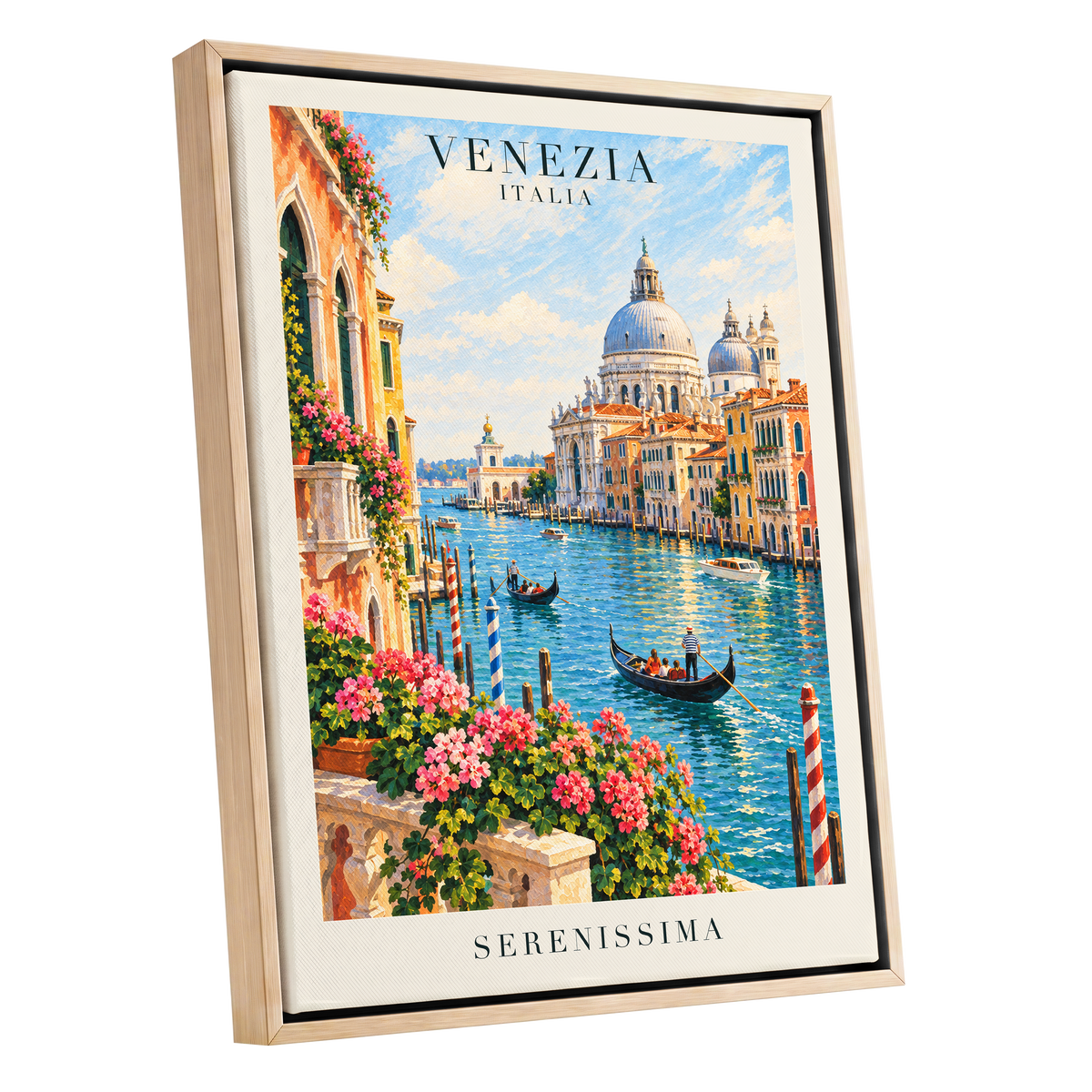 Venetian Sunlit Serenade, blue, pink, orange abstract wall art shown as a oak framed canvas wall art