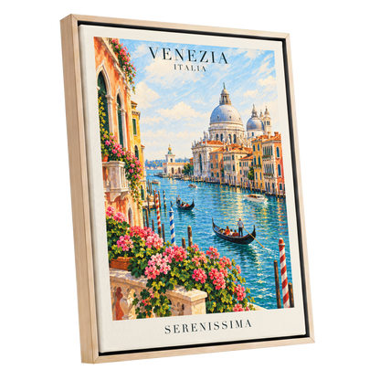 Venetian Sunlit Serenade, blue, pink, orange abstract wall art shown as a oak framed canvas wall art