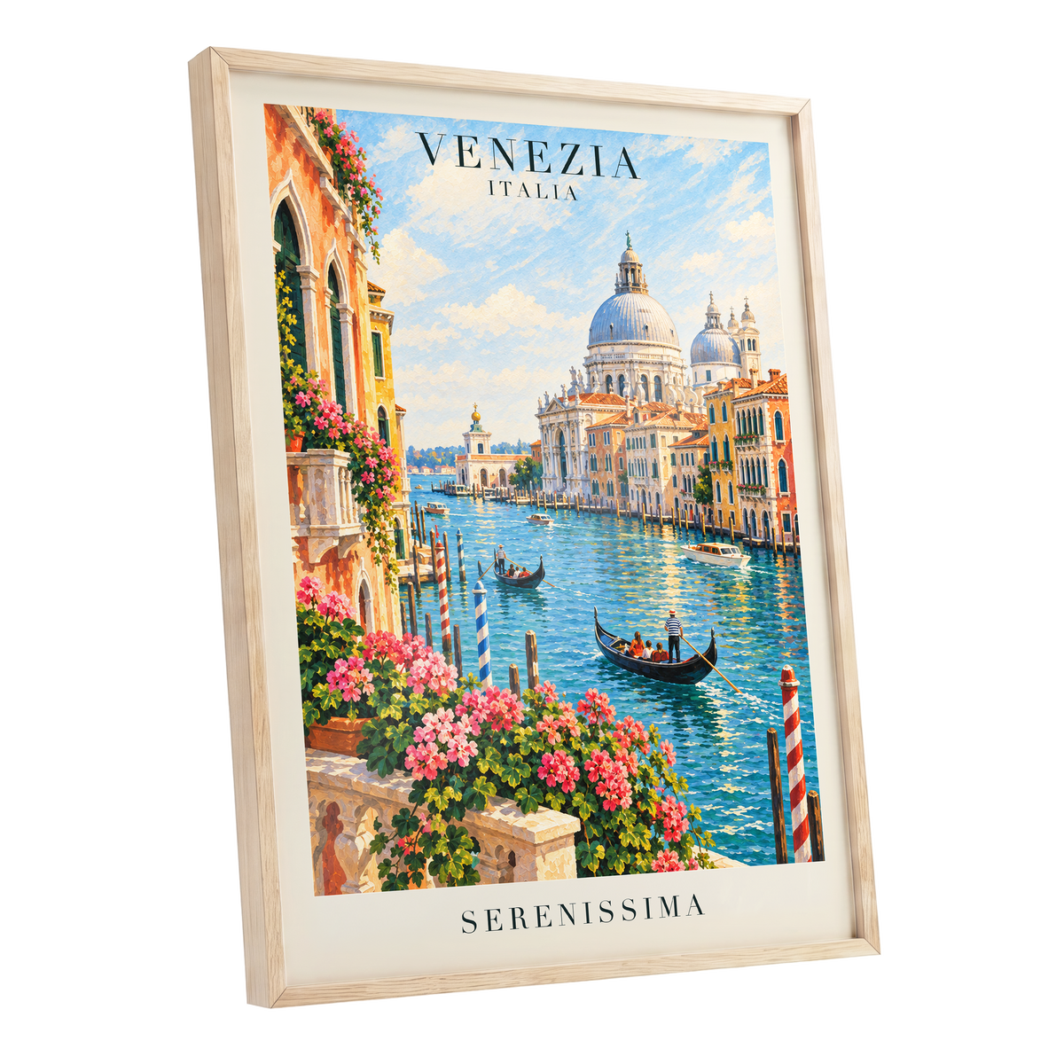 Venetian Sunlit Serenade, blue, pink, orange abstract wall art shown as a oak framed poster wall art print