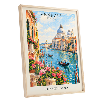 Venetian Sunlit Serenade, blue, pink, orange abstract wall art shown as a oak framed poster wall art print