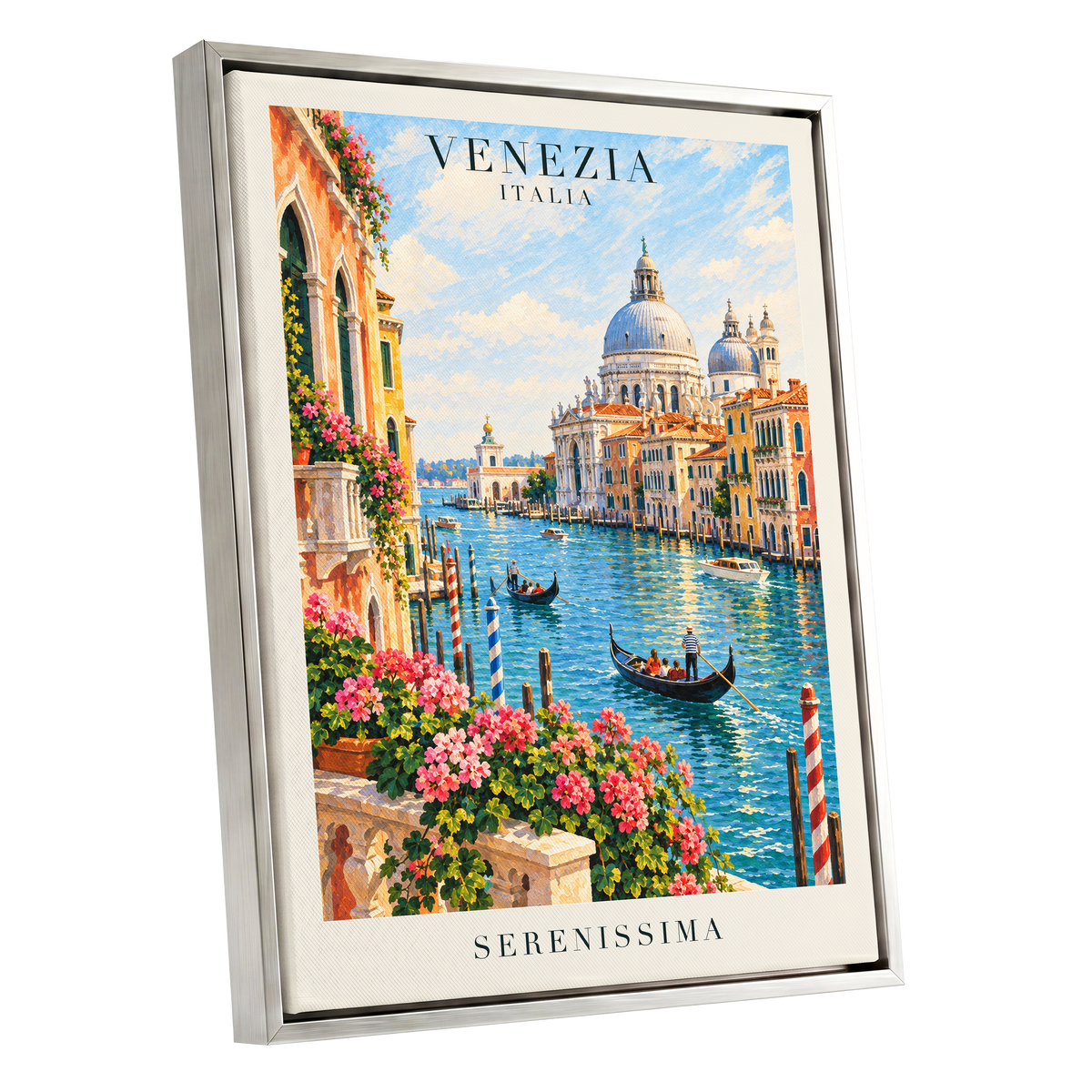 Venetian Sunlit Serenade, blue, pink, orange abstract wall art shown as a silver framed canvas wall art