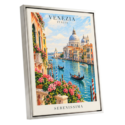 Venetian Sunlit Serenade, blue, pink, orange abstract wall art shown as a silver framed canvas wall art