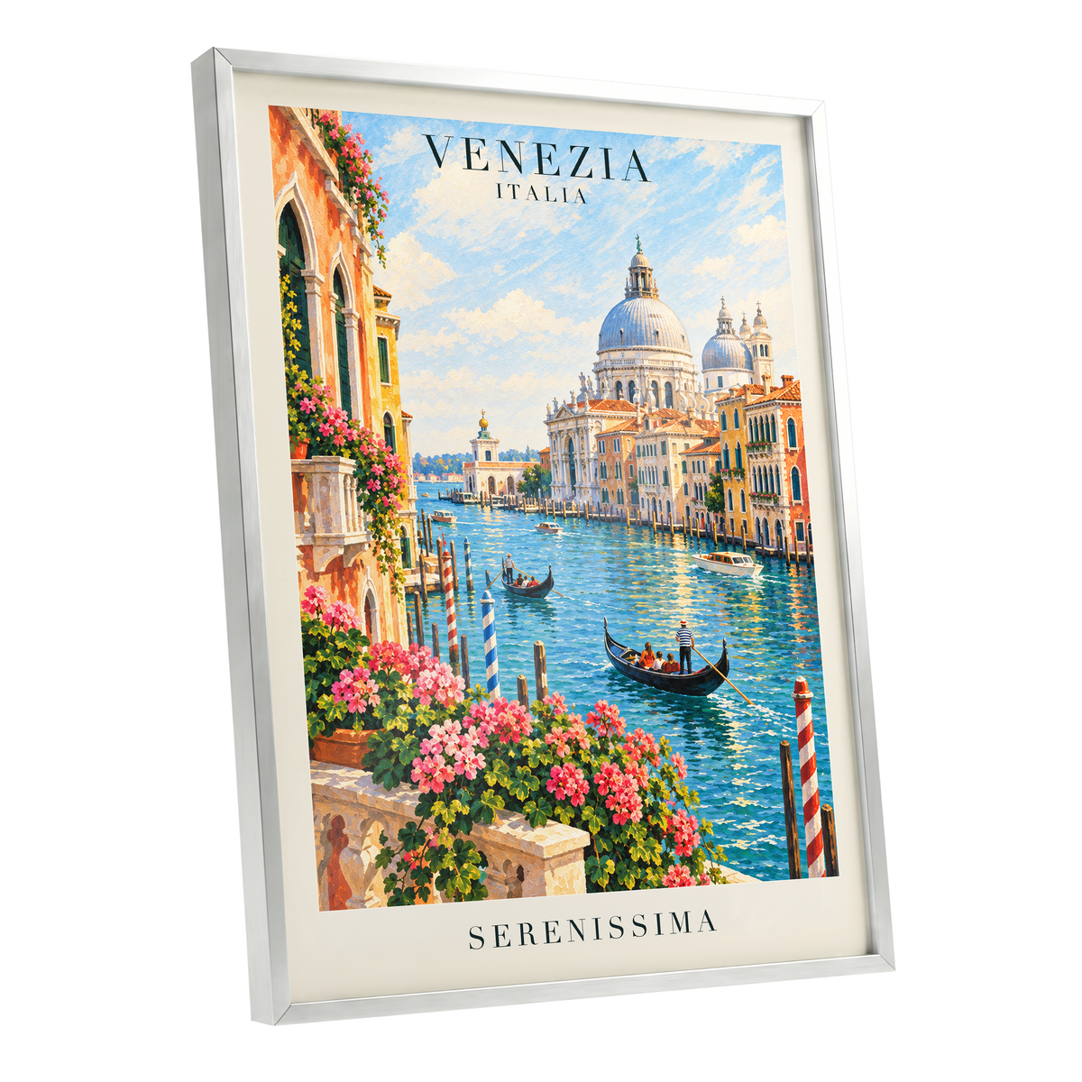 Venetian Sunlit Serenade, blue, pink, orange abstract wall art shown as a silver framed poster wall art print