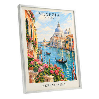Venetian Sunlit Serenade, blue, pink, orange abstract wall art shown as a silver framed poster wall art print
