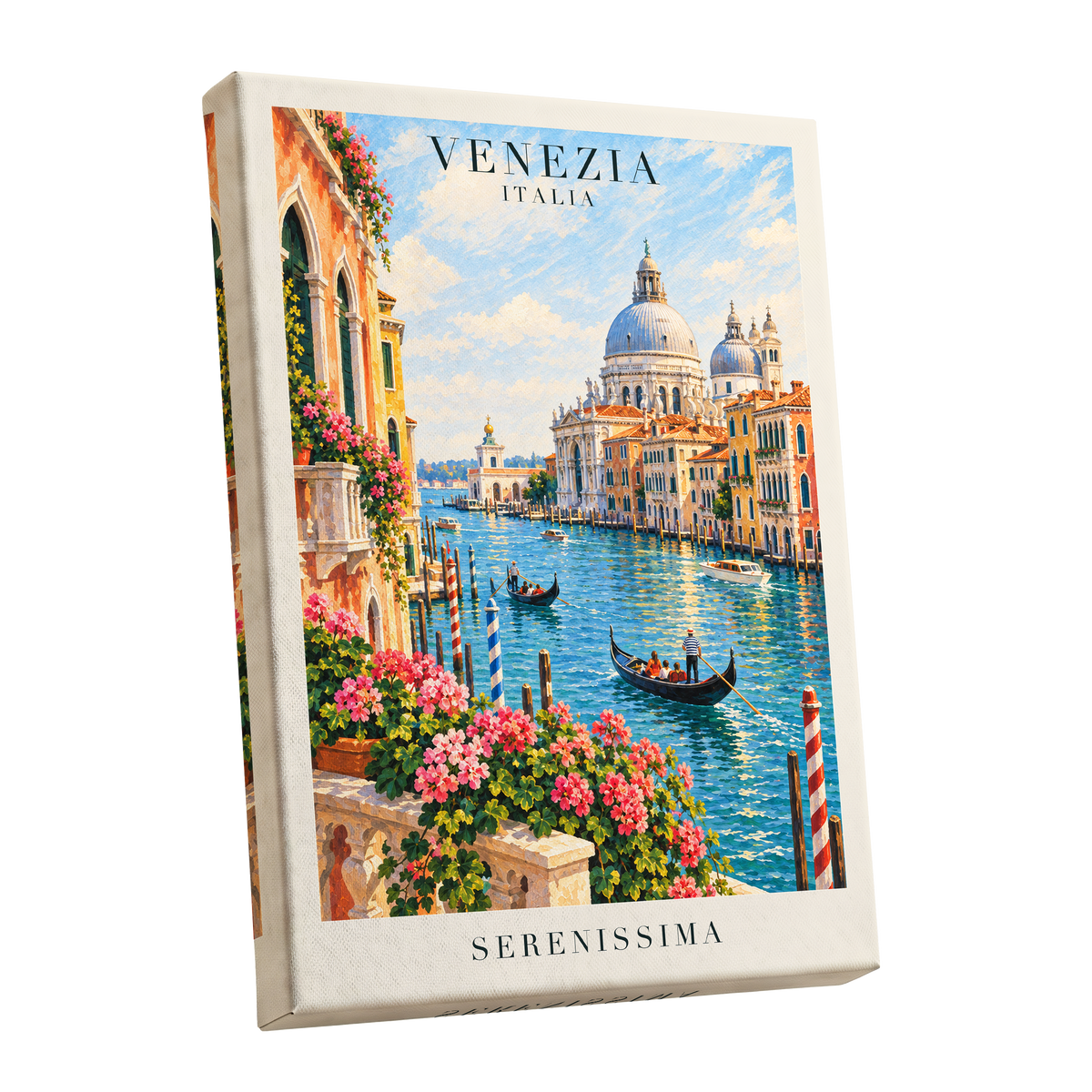Venetian Sunlit Serenade, blue, pink, orange abstract wall art shown as a stretched canvas wall art