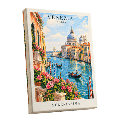 Venetian Sunlit Serenade, blue, pink, orange abstract wall art shown as a stretched canvas wall art