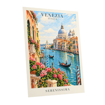 Venetian Sunlit Serenade, blue, pink, orange abstract wall art shown as a unframed poster wall art print