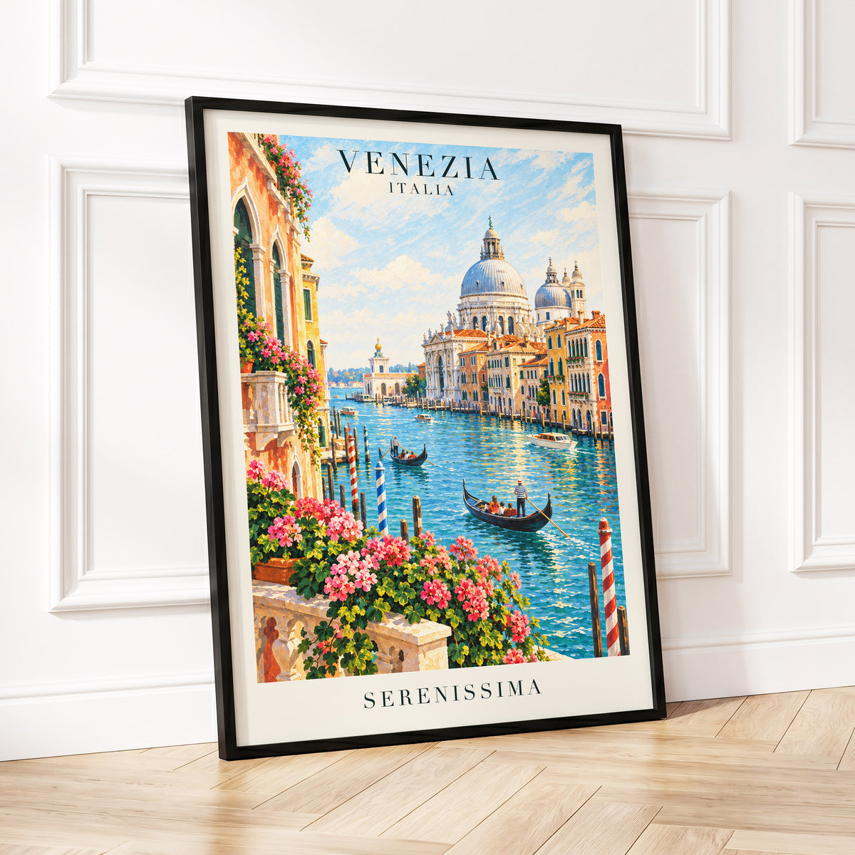 Venetian Sunlit Serenade, blue, pink, orange abstract wall art displayed in a styled interior, gallery view 2
