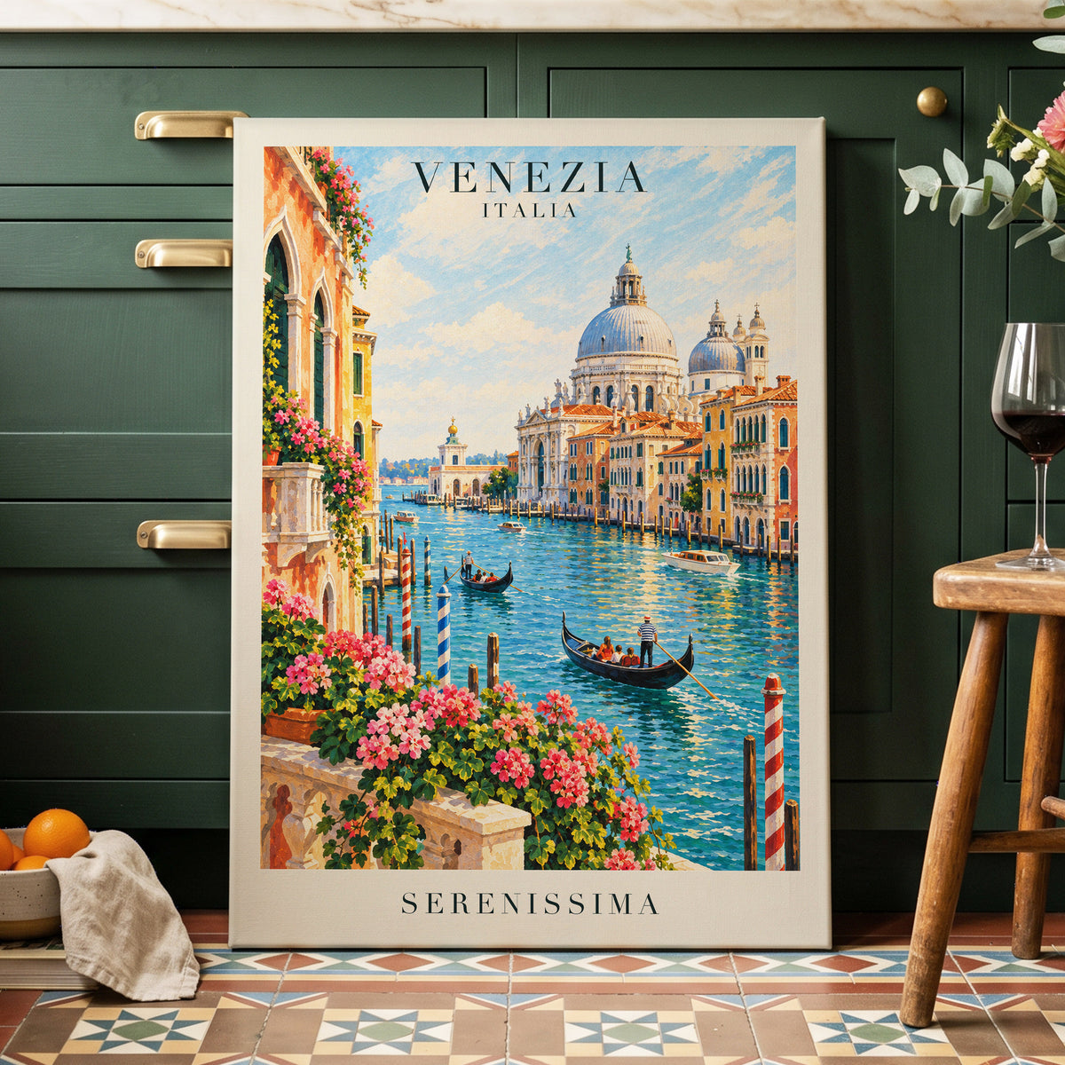 Venetian Sunlit Serenade, blue, pink, orange abstract wall art displayed in a styled interior, gallery view 3
