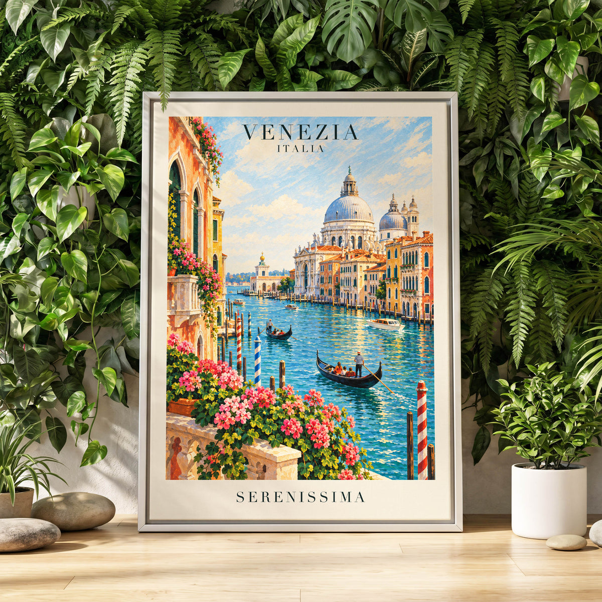 Venetian Sunlit Serenade, blue, pink, orange abstract wall art displayed in a styled interior, gallery view 4