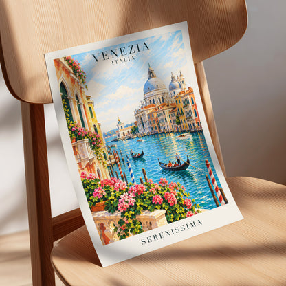 Venetian Sunlit Serenade, blue, pink, orange abstract wall art displayed in a styled interior, gallery view 5