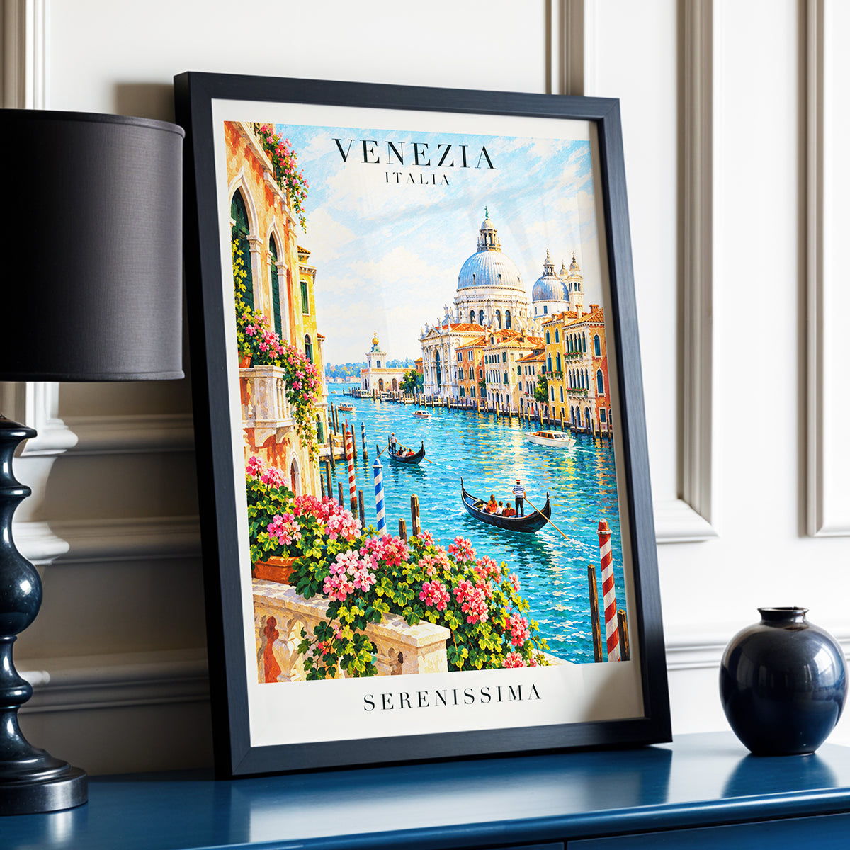 Venetian Sunlit Serenade, blue, pink, orange abstract wall art displayed in a styled interior, gallery view 6