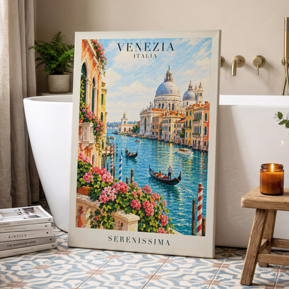 Venetian Sunlit Serenade, blue, pink, orange abstract wall art displayed in a styled interior, gallery view 7