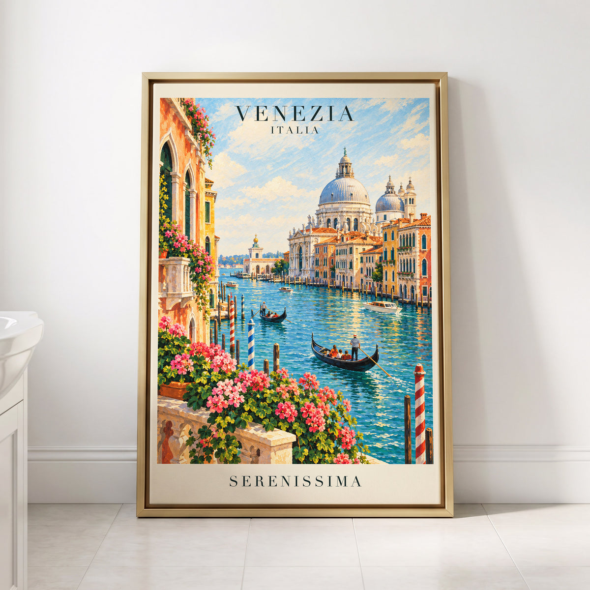 Venetian Sunlit Serenade, blue, pink, orange abstract wall art displayed in a styled interior, gallery view 8