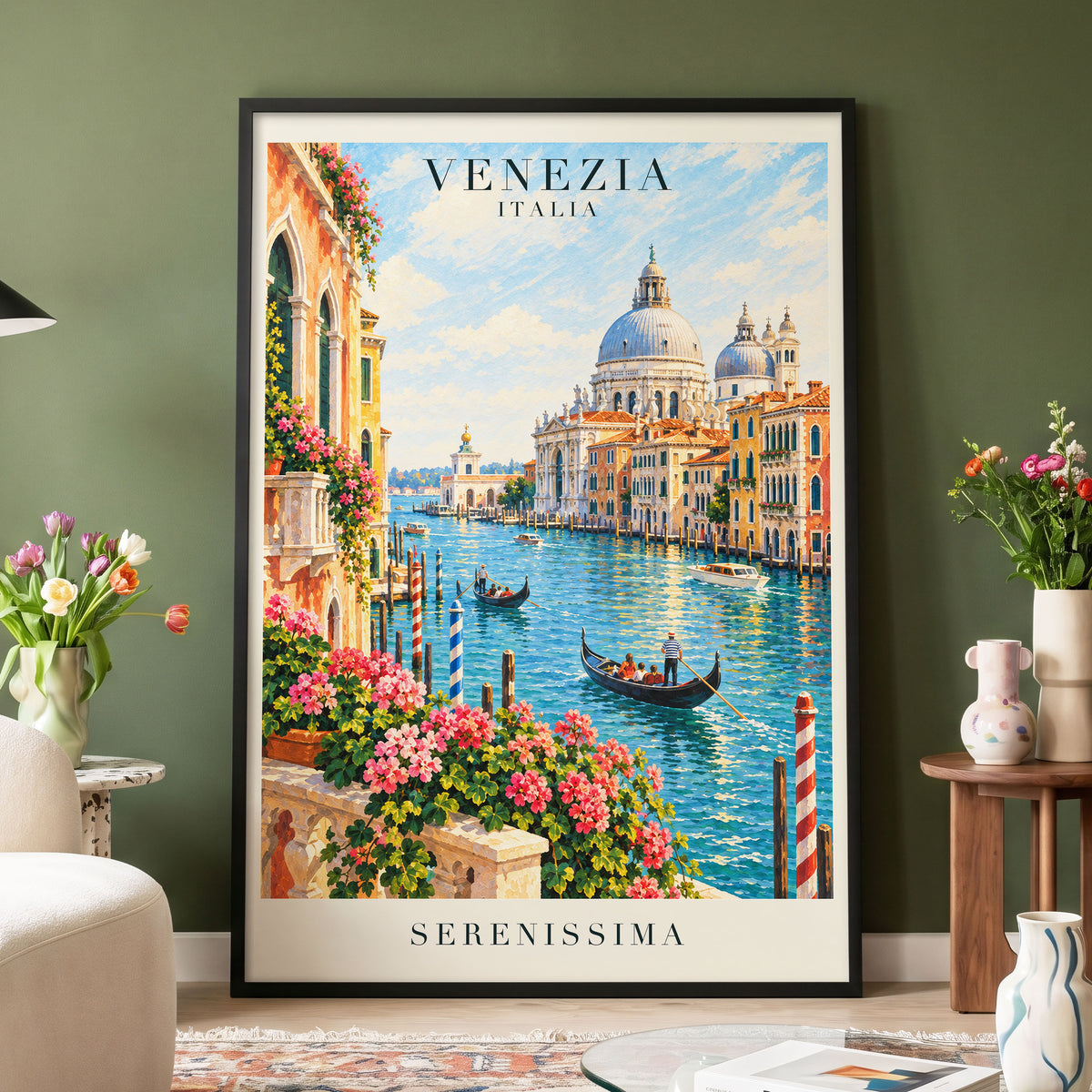 Venetian Sunlit Serenade, blue, pink, orange abstract wall art displayed in a styled interior, gallery view 9