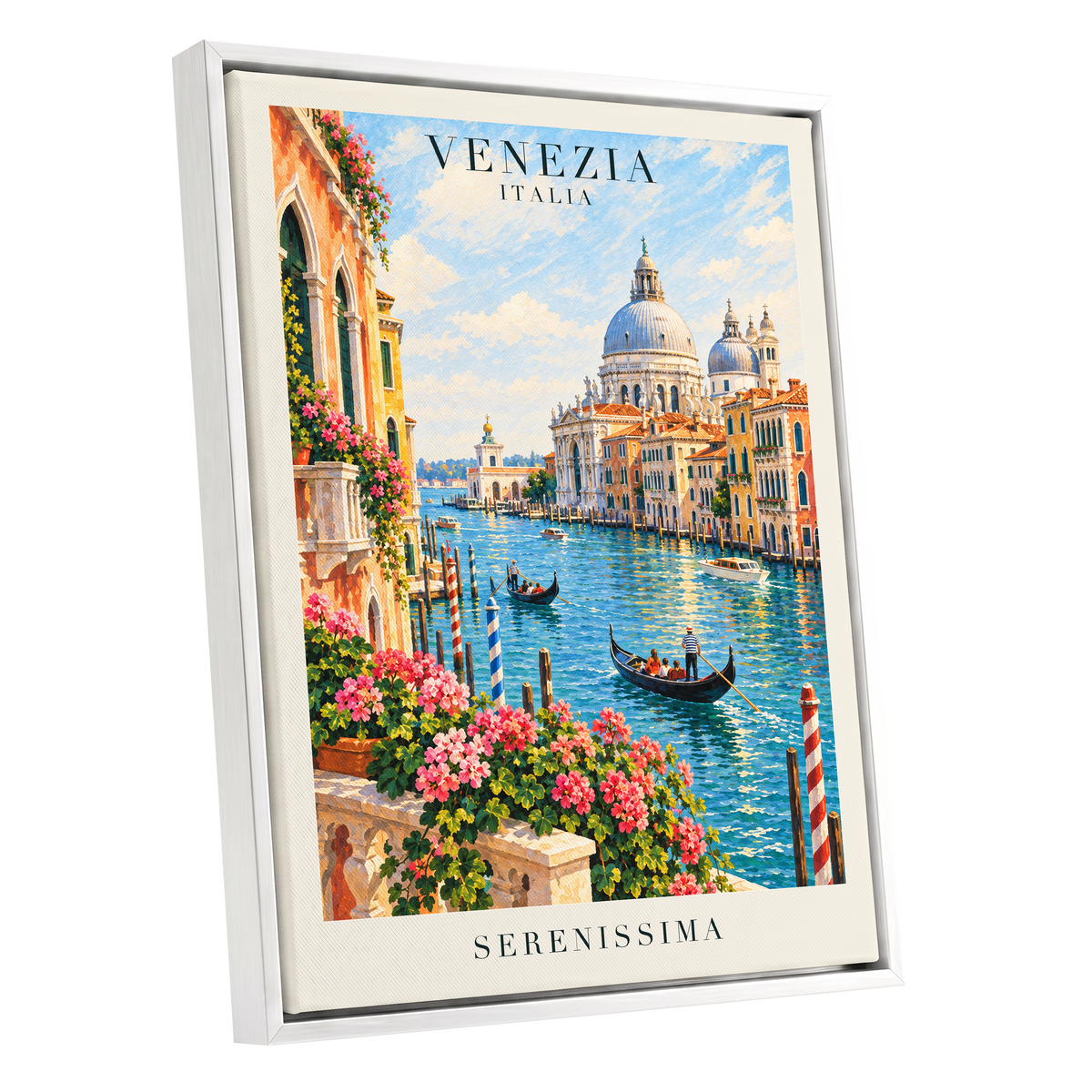 Venetian Sunlit Serenade, blue, pink, orange abstract wall art shown as a white framed canvas wall art